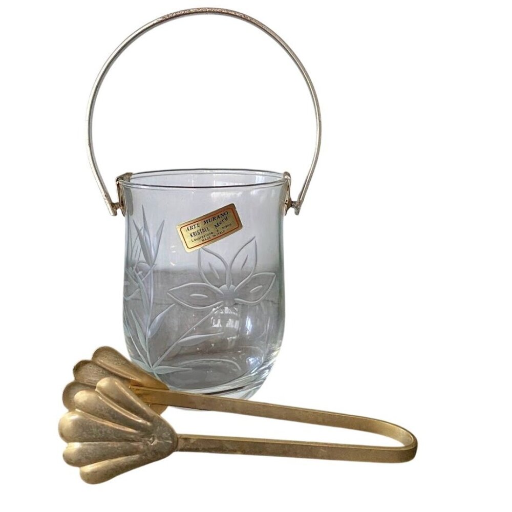 Murano Glass Kristall Lavorazione Etched Individual Ice Bucket with Tongs
